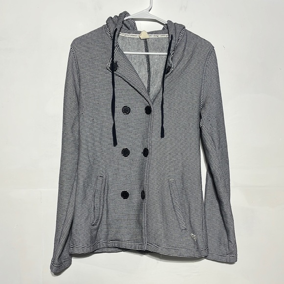 Roxy The Cuddle Hooded Grey Striped Pea Coat Sweater Jacket Size Large - Picture 2 of 13